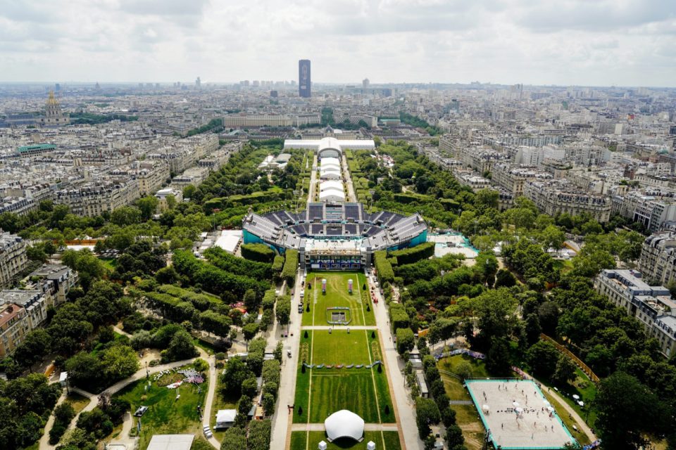 Looking down the Champ de Mars in Paris from above, with the Olympic beach volleyball stadium in the middle.