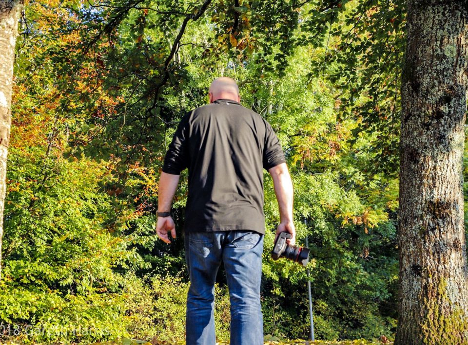 Gareth from behind, camera in hand, walking into autumn woodland.